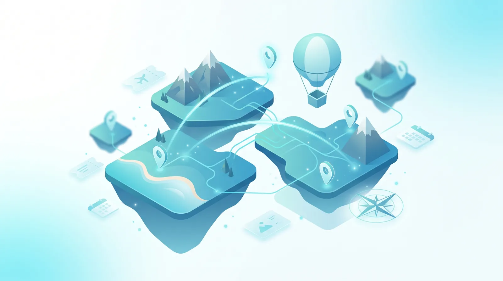 A conceptual map of destinations, flight routes, stays, and event tiles connected across a stylized world