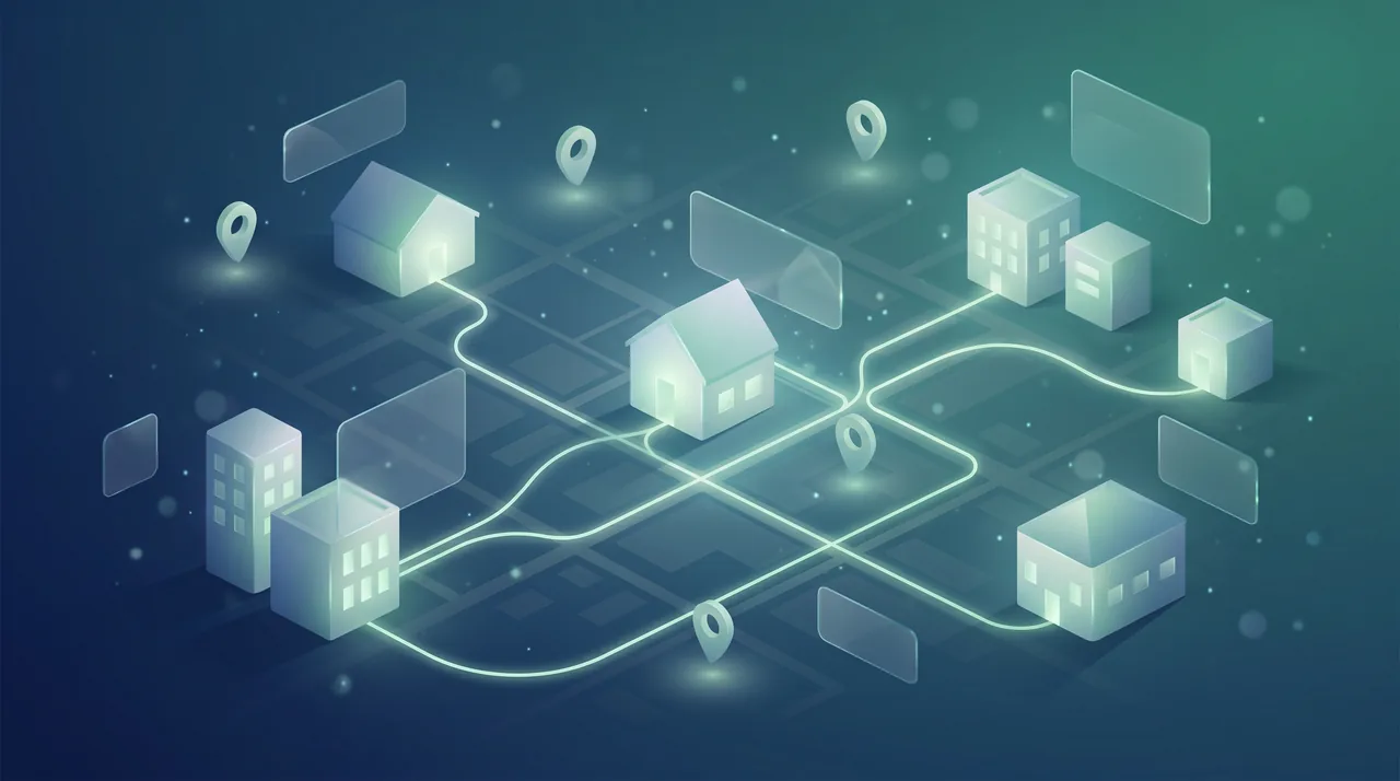 Conceptual illustration of a connected travel and entertainment ecosystem linking stays, flights, tours, and event tickets