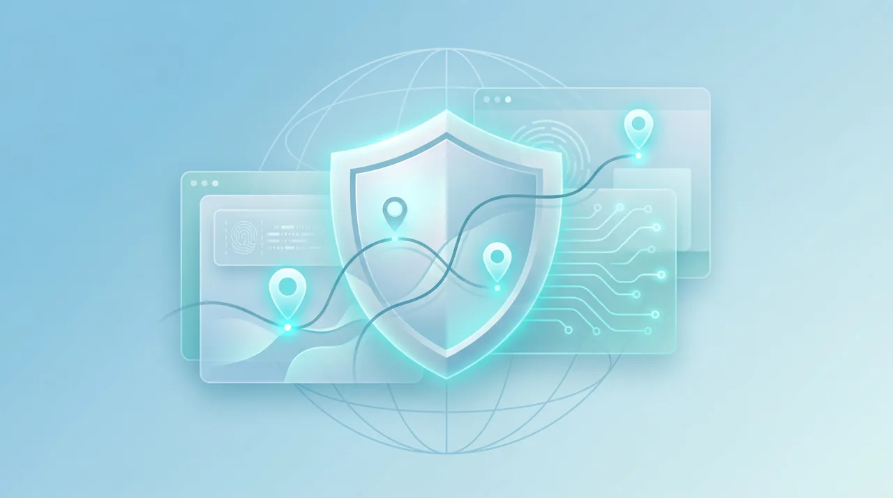 Conceptual illustration of trust and secure booking — a shield interwoven with route lines and location pins