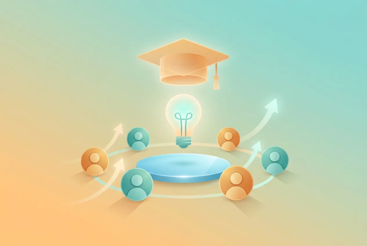 Conceptual illustration of training and team enablement — a graduation cap and lightbulb above connected learner circles