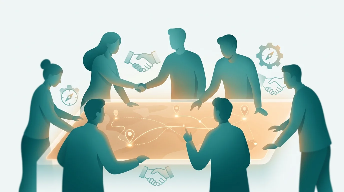 Conceptual illustration of a professional services team helping a travel business plan its launch around stylized routes and destination pins