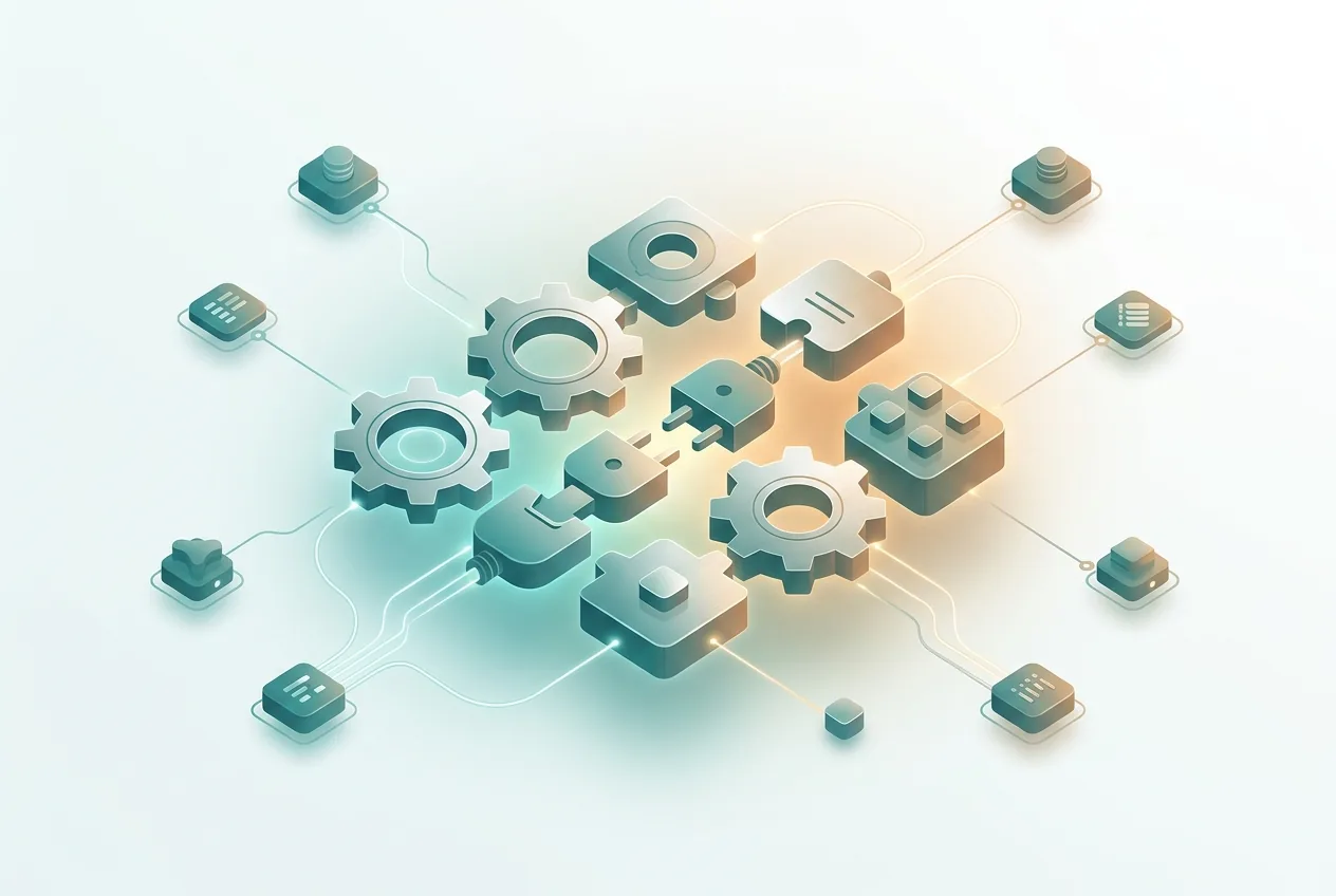 Conceptual illustration of interlocking gears and connectors assembling into a unified travel platform system