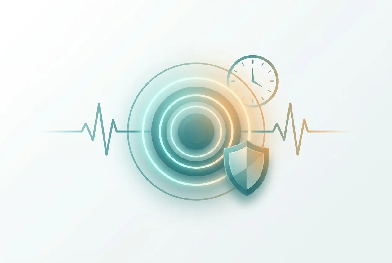 Conceptual illustration of a calm operations hub with monitoring rings, a heartbeat pulse, and a protective shield motif