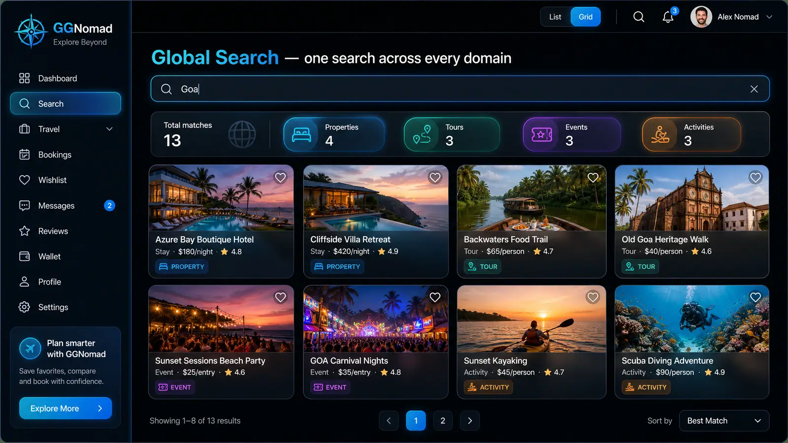 Concept illustration of a global travel search results page showing properties, tours, events and activities in one mixed grid.