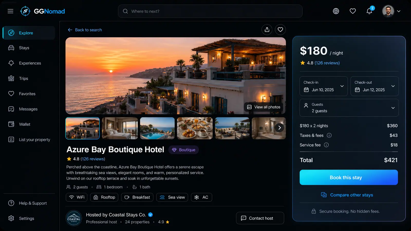 Concept illustration of a property detail page with a photo gallery, amenities, host block and an itemized booking panel.