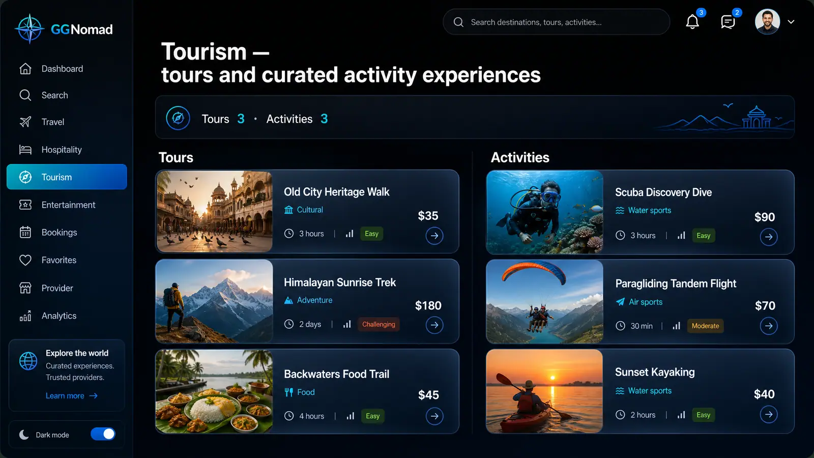 Concept illustration of a tourism page with parallel tour and activity lists showing category, price, duration and difficulty.