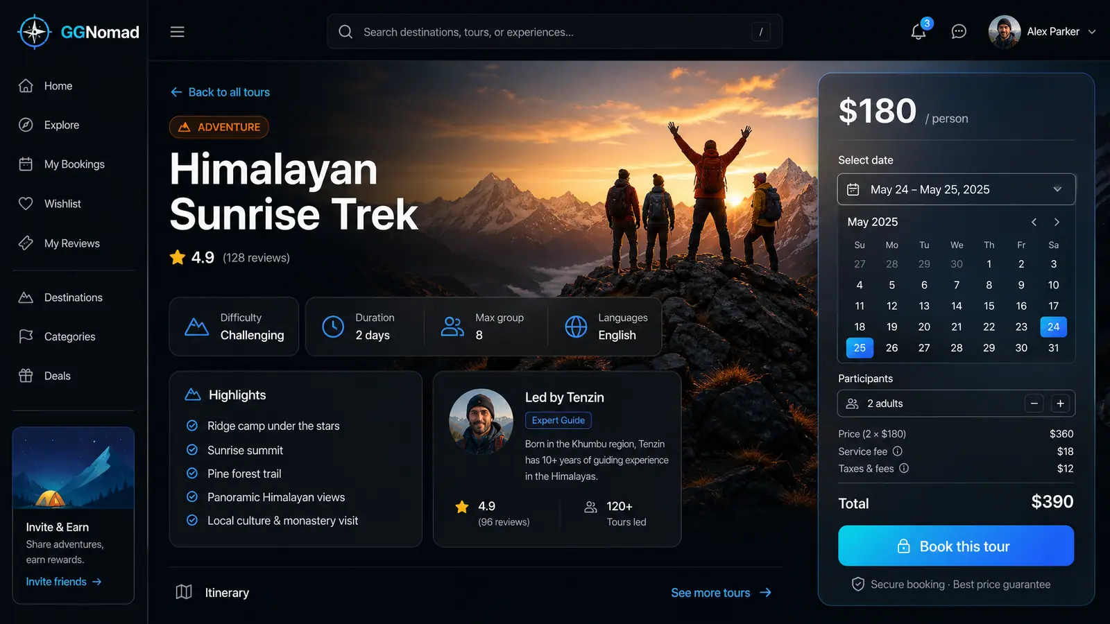 Concept illustration of a tour detail page with fact tiles, highlights, a guide profile and a calendar booking panel.