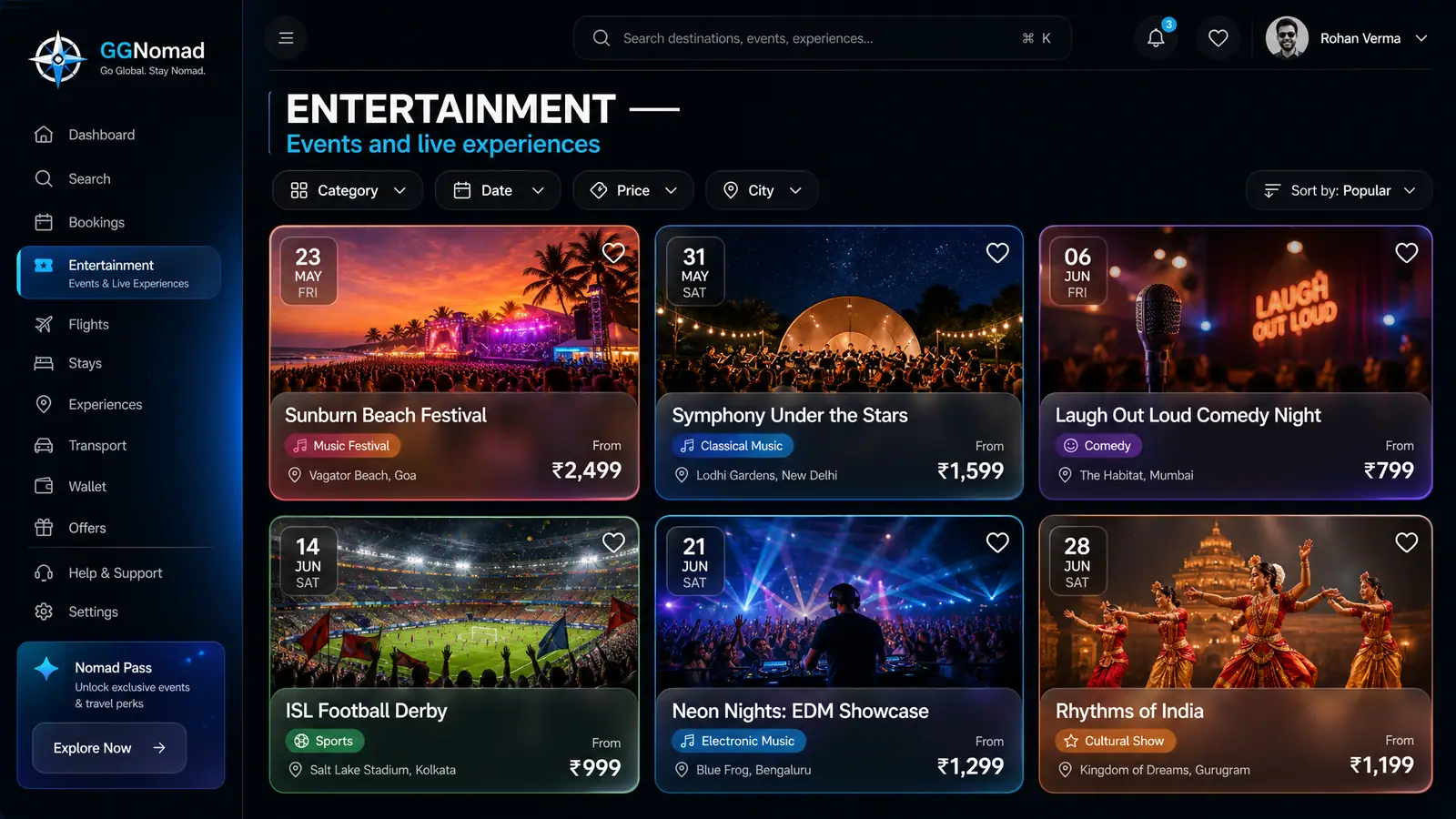 Concept illustration of an events discovery grid with date blocks, genre tags, venues and from-prices.