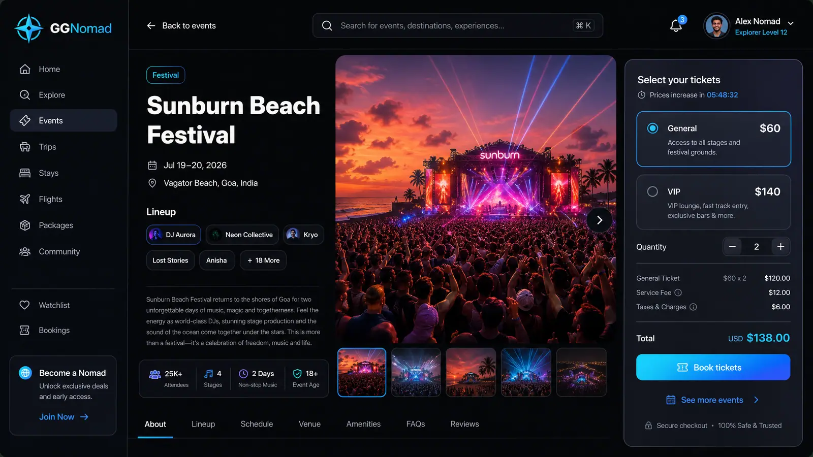 Concept illustration of an event detail page with a lineup, fact tiles and a ticket panel offering selectable tiers.