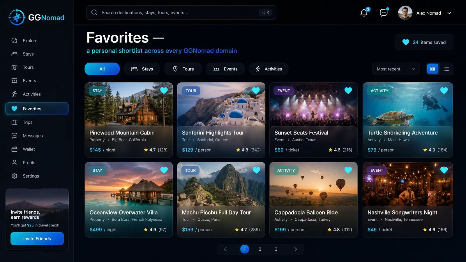 Concept illustration of a favorites page collecting saved stays, tours, events and activities into one filterable grid.