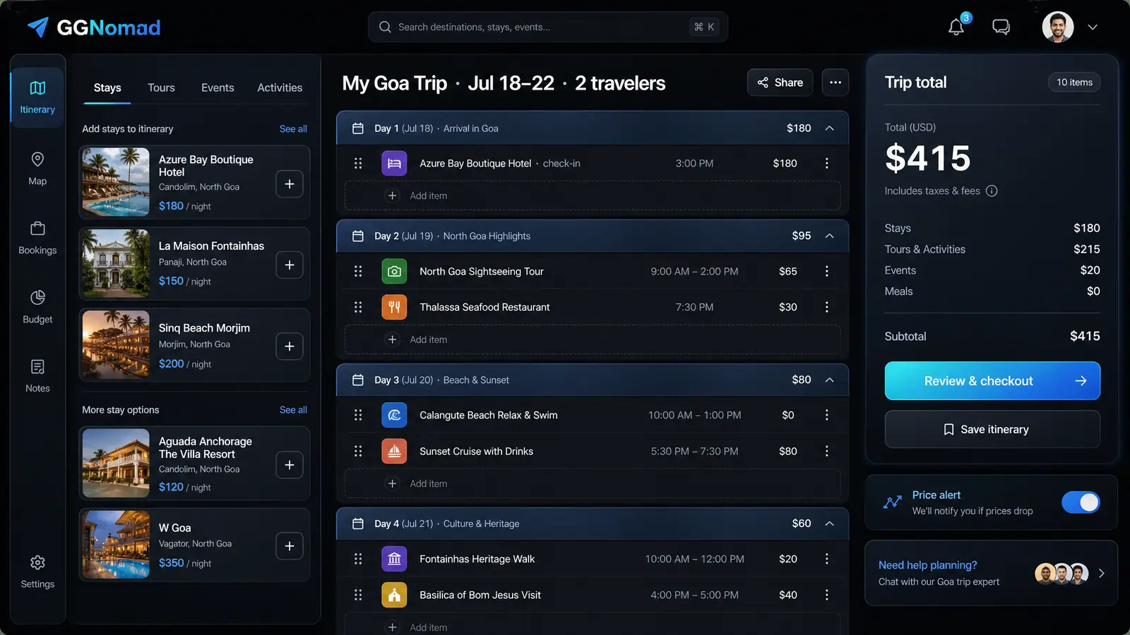 Concept illustration of the GGNomad itinerary builder with a stay catalog, a day-by-day plan and a trip total breakdown