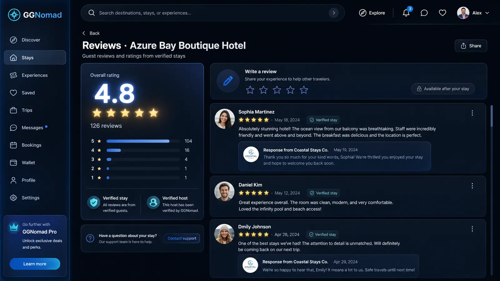 Concept illustration of a GGNomad reviews page with an overall rating, star distribution, verified-stay reviews and host replies