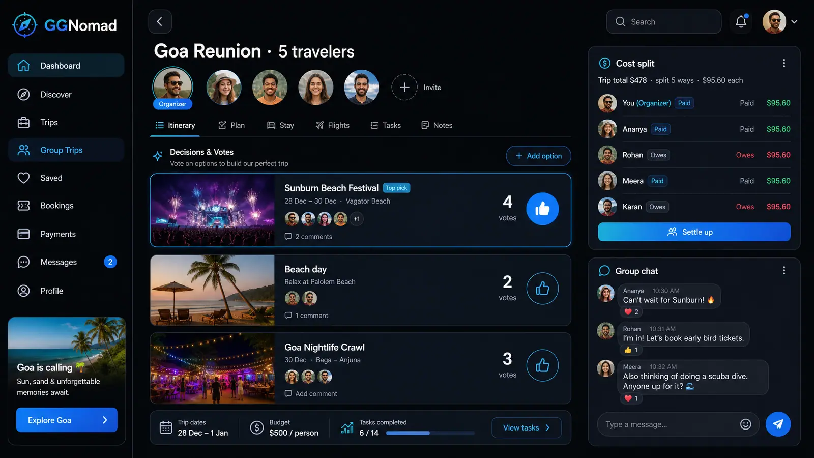 Concept illustration of a GGNomad group trip page with voting on options, a per-person cost split and a group chat
