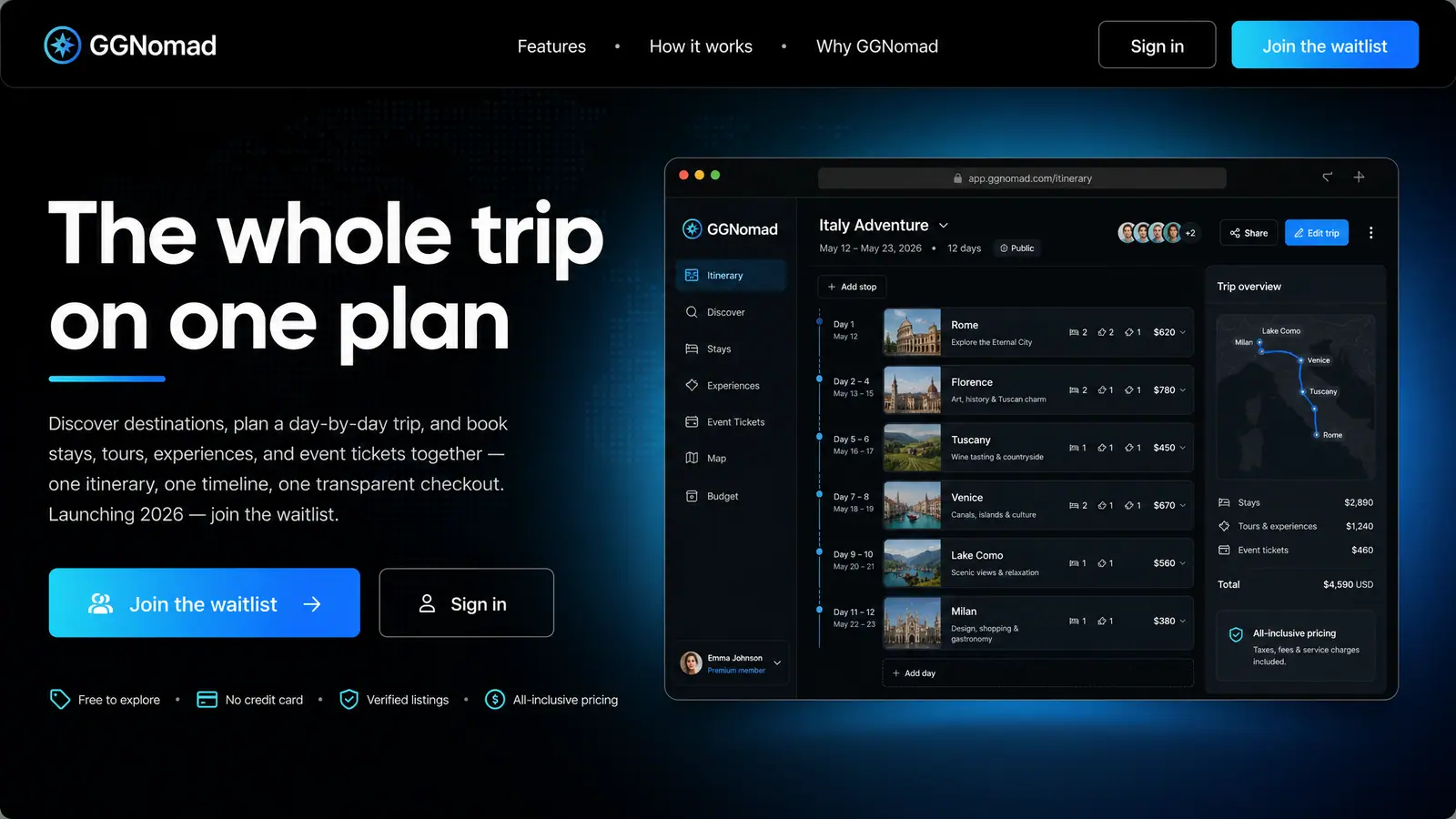 Concept illustration of the GGNomad landing page with a one-plan headline, waitlist actions and a preview of a day-by-day trip itinerary.