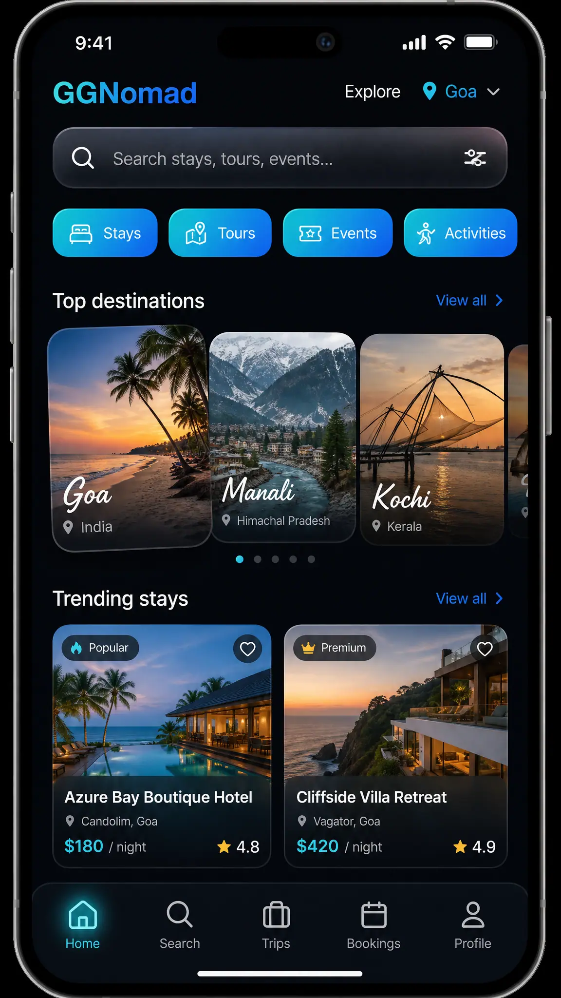 Concept illustration of a mobile travel discovery home with category buttons, swipeable destination cards and trending stays.
