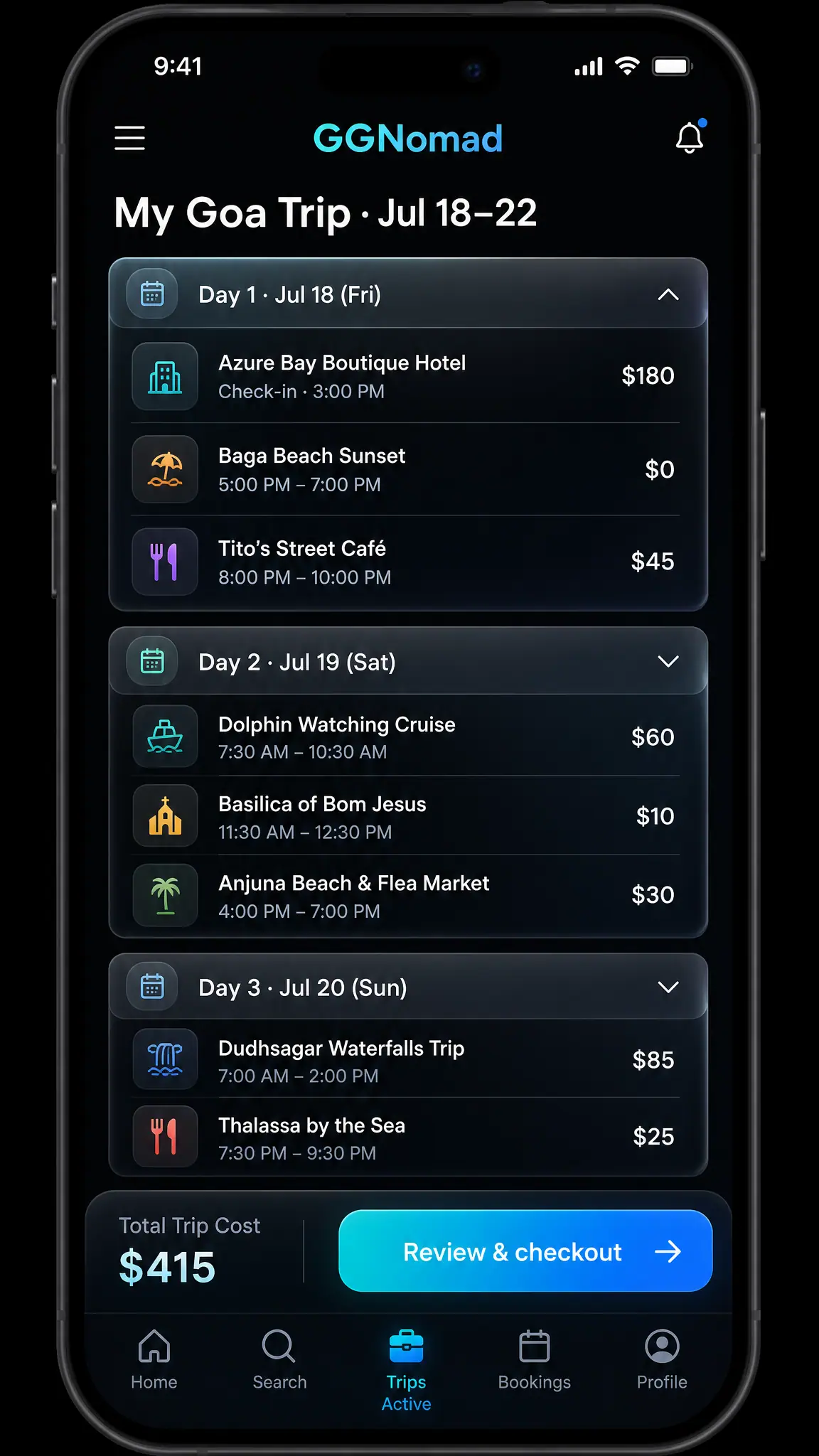 Concept illustration of the GGNomad mobile itinerary with expandable days, timed items and a pinned trip total and checkout button
