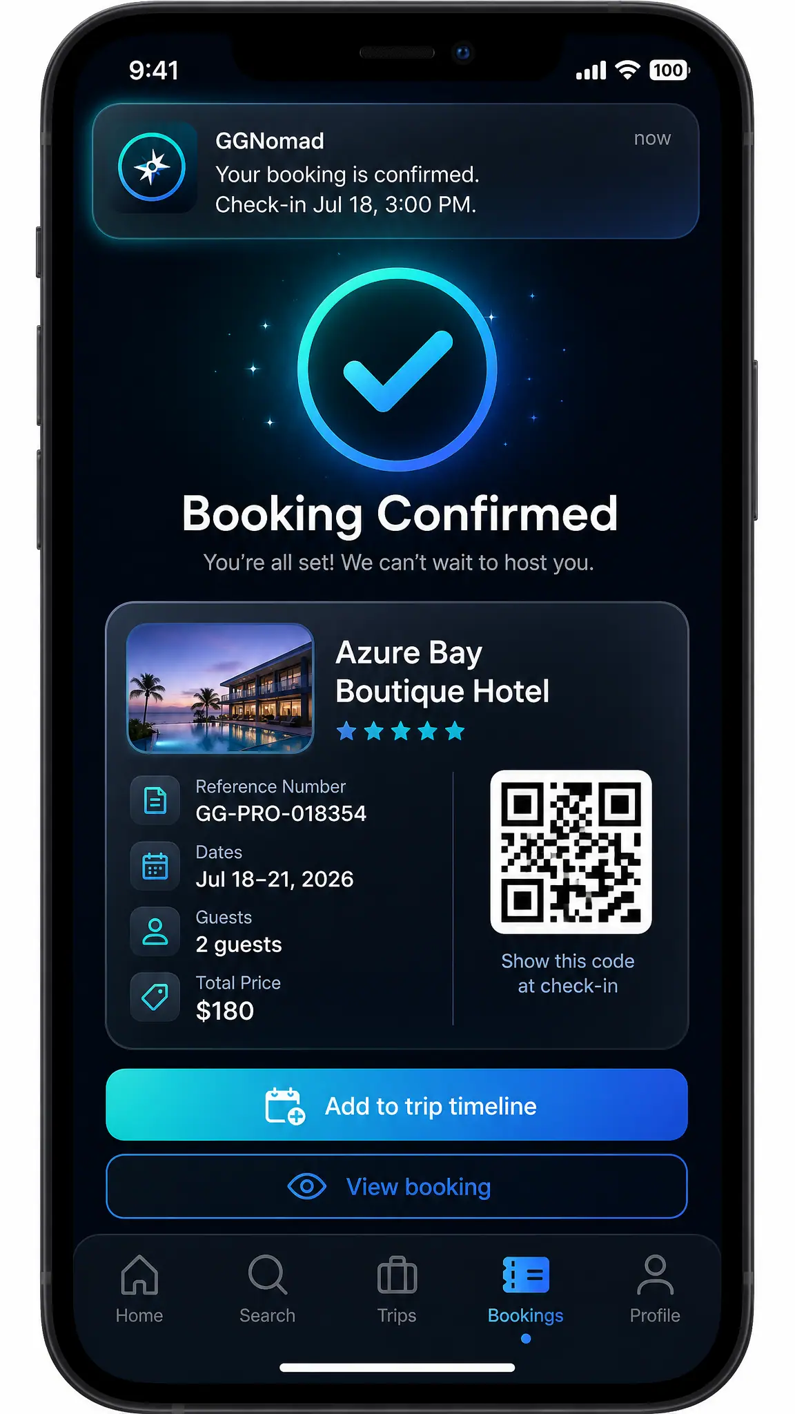 Concept illustration of a GGNomad mobile booking confirmation with a push notification, booking details and a check-in code