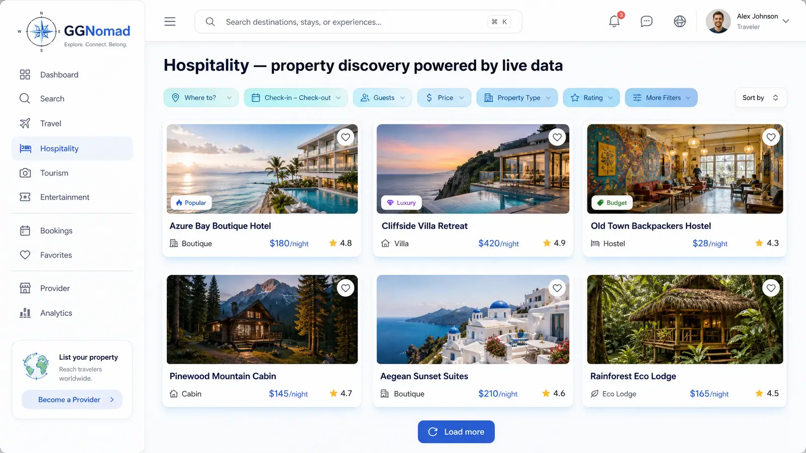 Concept illustration of the same property discovery grid rendered in a light theme with destination and date filters.