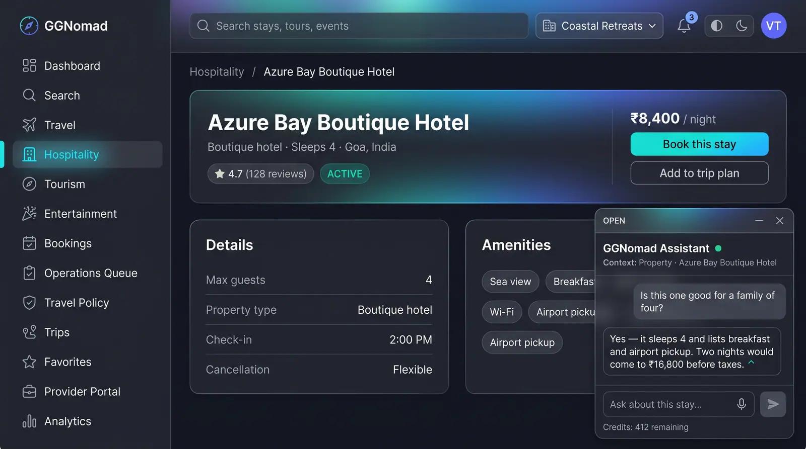 Concept illustration of a stay detail page with a docked assistant panel answering a question about the property in context.