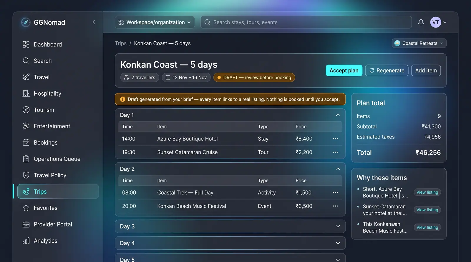 Concept illustration of a multi-day draft trip plan with per-day item tables, a plan total panel and a rationale list.
