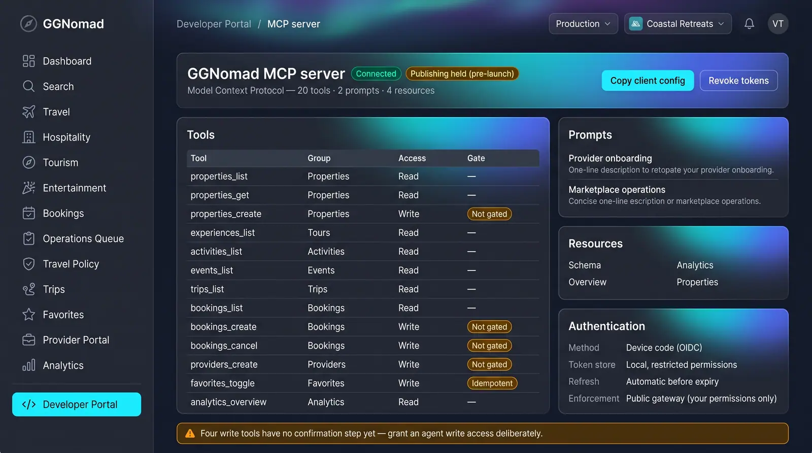 Concept illustration of a developer portal listing agent tools by group with read or write access, gate flags and an authentication panel.