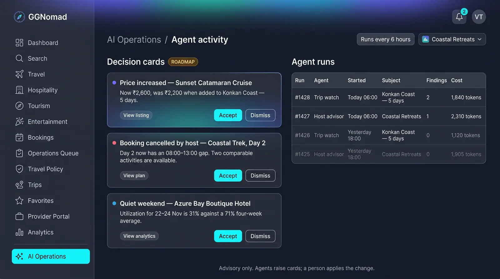 Concept illustration of an agent activity view with decision cards for price changes and cancellations beside a table of agent runs.