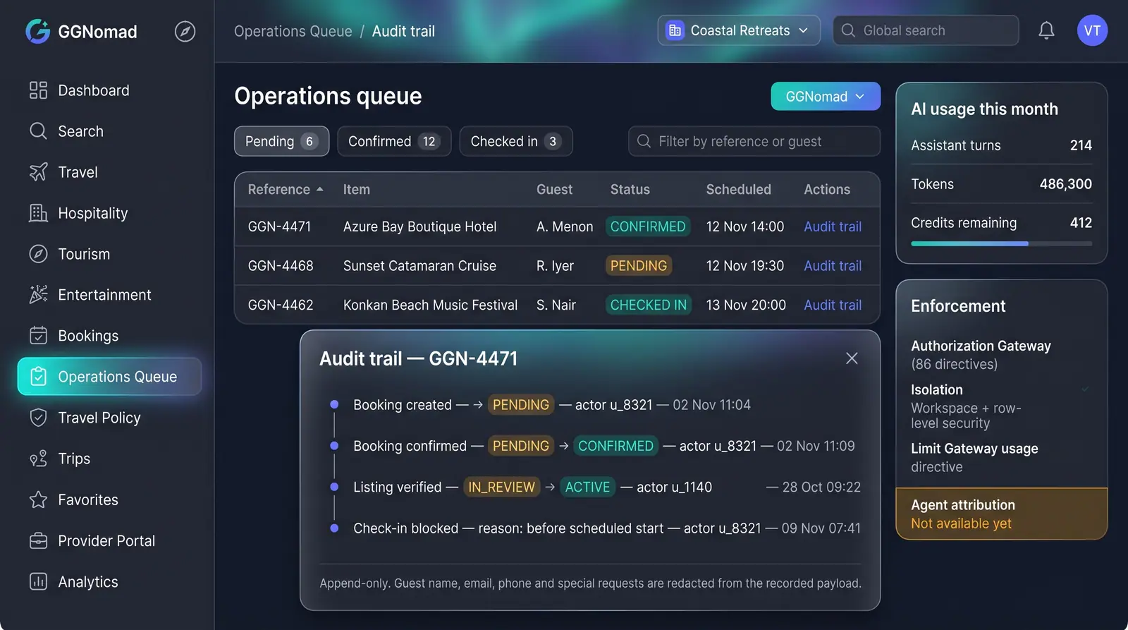 Concept illustration of a GGNomad operations queue with an audit trail dialog listing each booking transition, actor and timestamp
