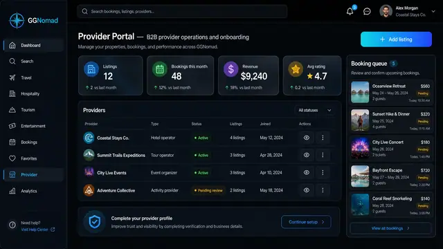 Concept illustration of the GGNomad provider portal with performance cards, a providers table, an onboarding banner and a booking queue